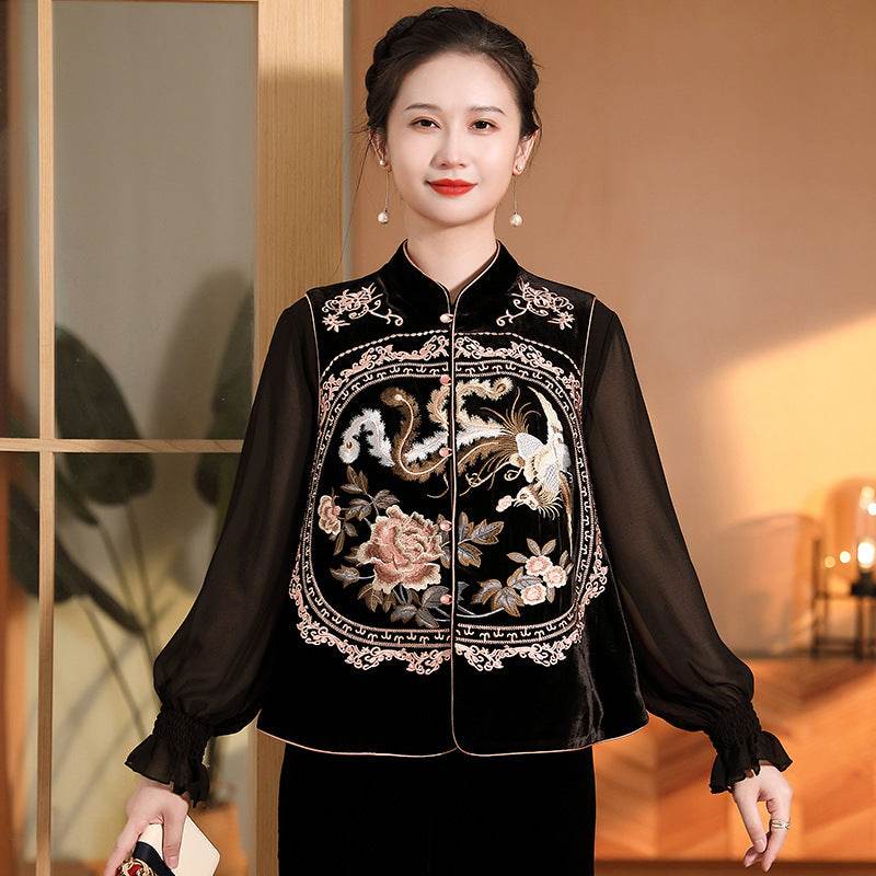 Top Tangzhuang Femme en Velours de Soie Brodé - Allomarc.com