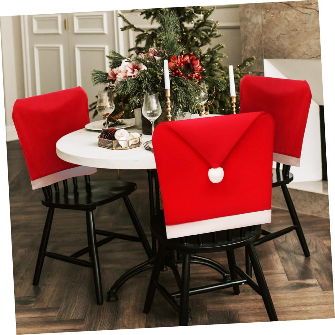 Couvre-Chaise de Noël avec Bonnet de Père Noël - Housse Décorative pour Chaises de Noël