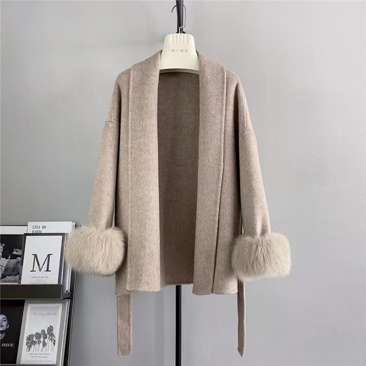 Manteau Élégant en Cachemire à Fourrure Rétro Détachable