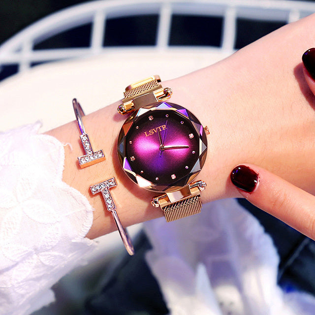 Montre Femme Rose Or avec Diamants – Montre Magnétique Étoilée Étanche