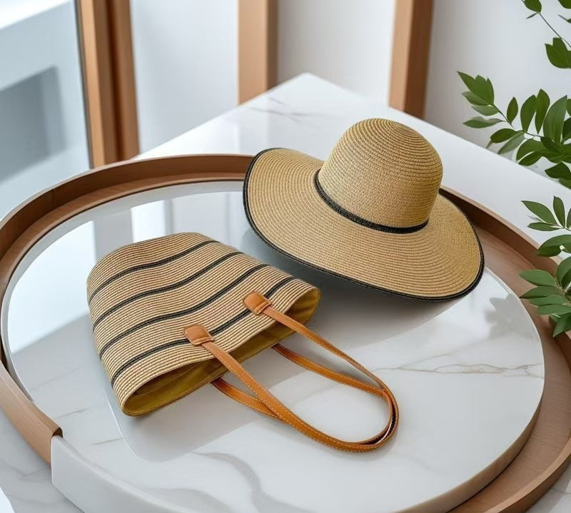 Ensemble de Sac et Chapeau en Paille pour Protection Solaire lors de Vacances à la Plage