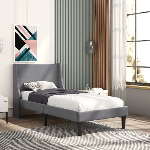 Lit Simple en Velours Vert Foncé 3FT avec Tête de Lit Ailé et Support en Lattes en Bois