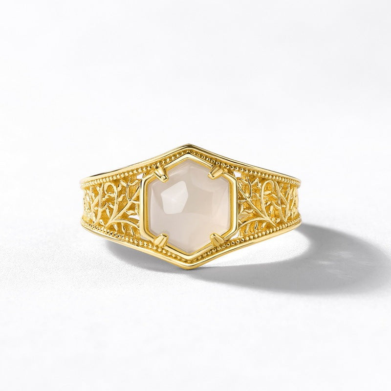 Bague en Jade Hetian Géométrique Hexagonale de Style Rétro