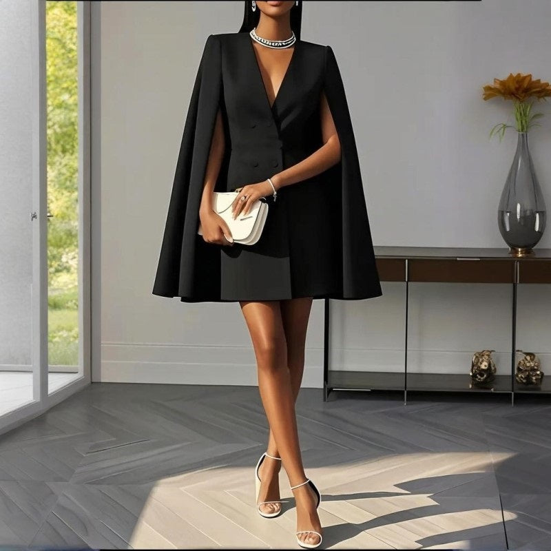 Robe Blazer Cape Élégante Femme en Couleur Unie avec Col V Double Boutonnage pour Printemps & Été
