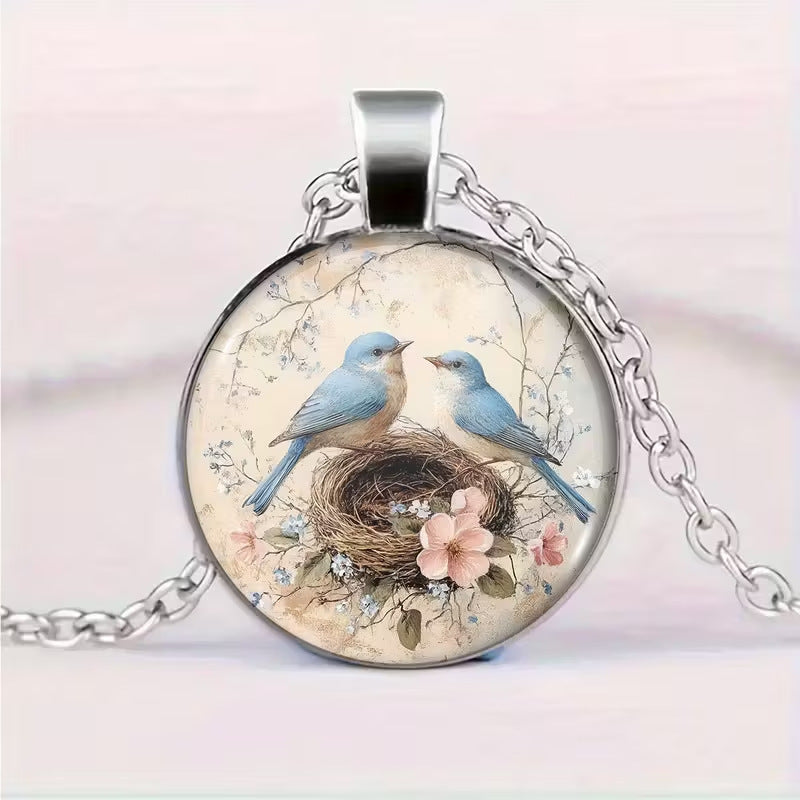 Collier Rond à Motif de Colibri et de Fleurs Retro Créatif