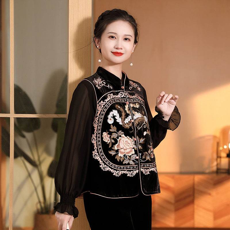 Top Tangzhuang Femme en Velours de Soie Brodé - Allomarc.com