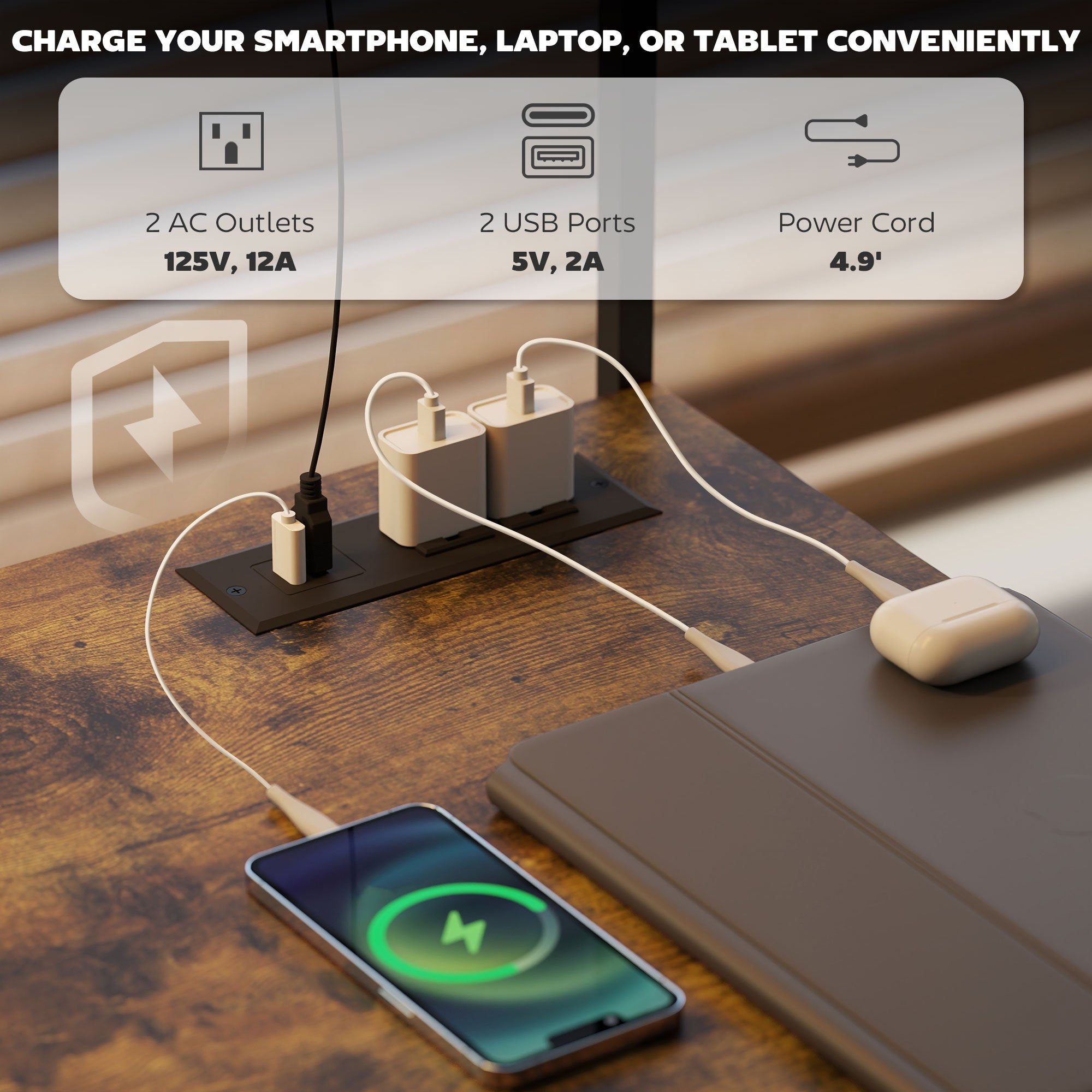 Bureau de Jeu L-Shaped de 61,6 L avec Prises Électriques et Lumières LED, Bureau d'Ordinateur avec Support pour Moniteur et Étagère CPU, Marron Rustique