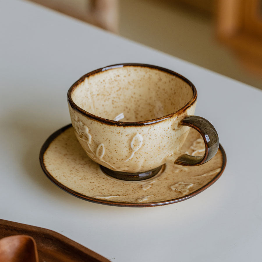 Ensemble de Café en Céramique Émaillée avec Fleurs