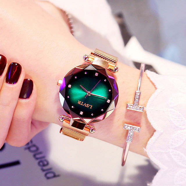 Montre Femme Rose Or avec Diamants – Montre Magnétique Étoilée Étanche