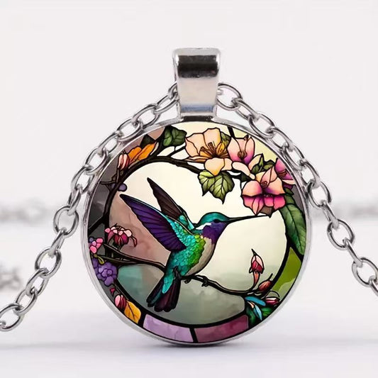 Collier Rond à Motif de Colibri et de Fleurs Retro Créatif