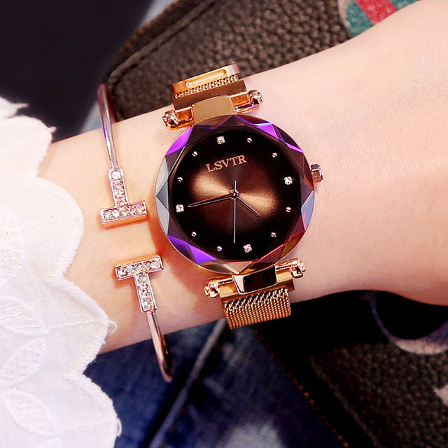 Montre Femme Rose Or avec Diamants – Montre Magnétique Étoilée Étanche