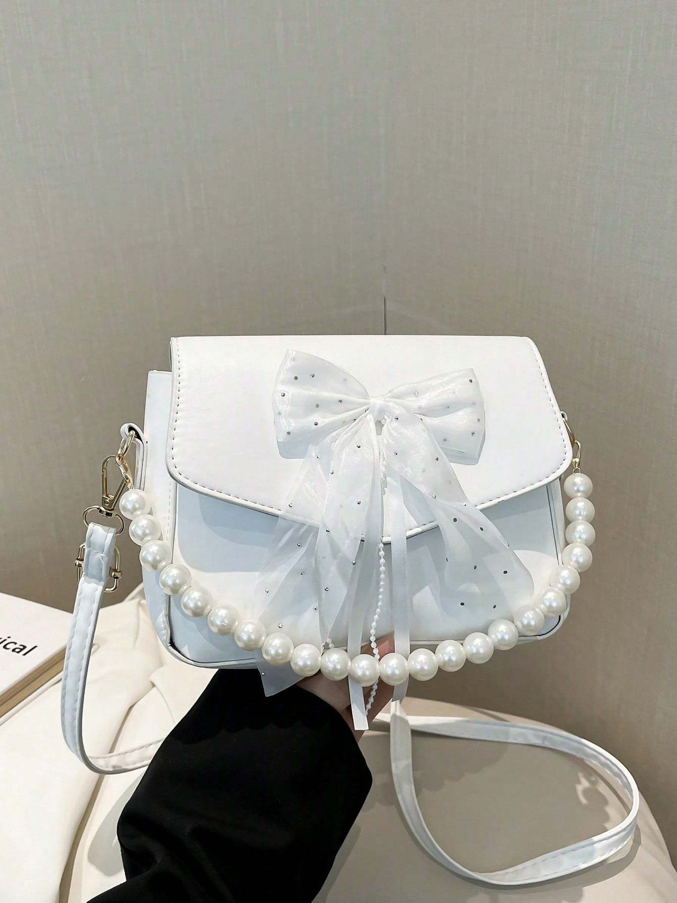 Sac à main en dentelle avec nœud en perles - Sac à bandoulière pour femmes