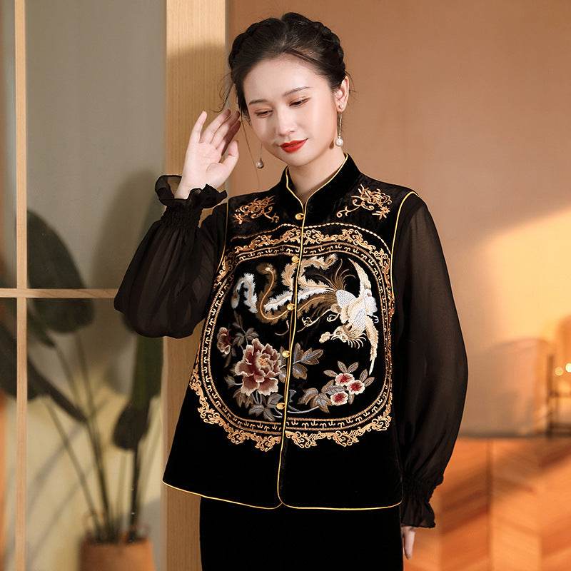 Top Tangzhuang Femme en Velours de Soie Brodé - Allomarc.com