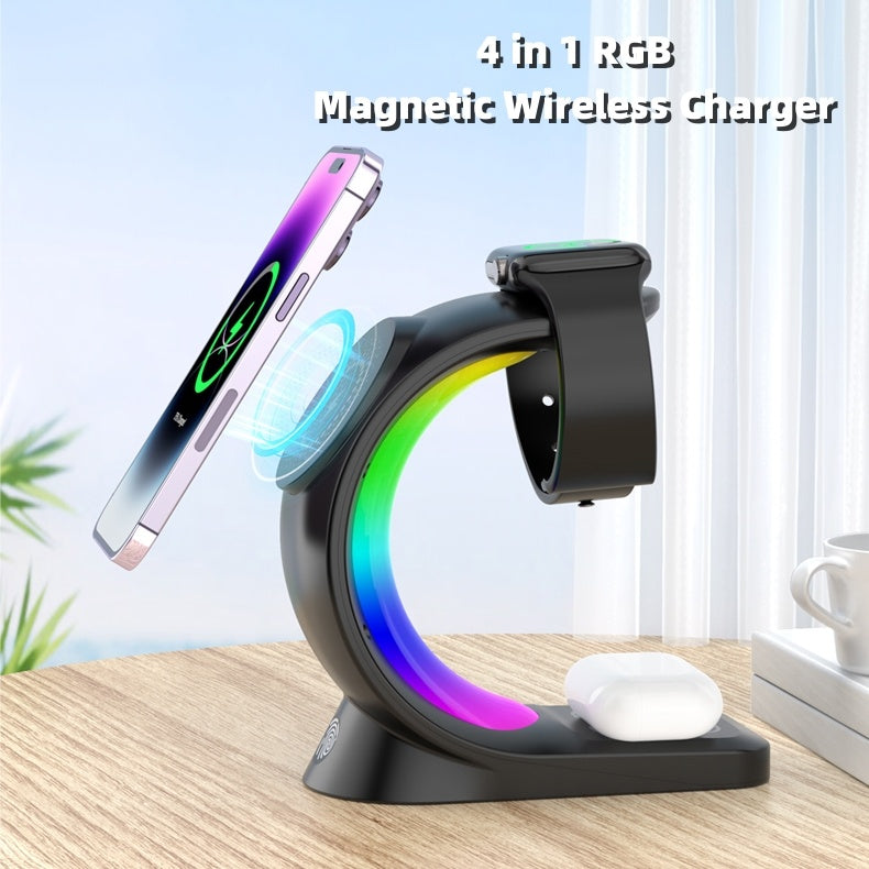 Chargeur Magnétique Sans Fil 4 en 1 avec Éclairage RGB pour Smartphone