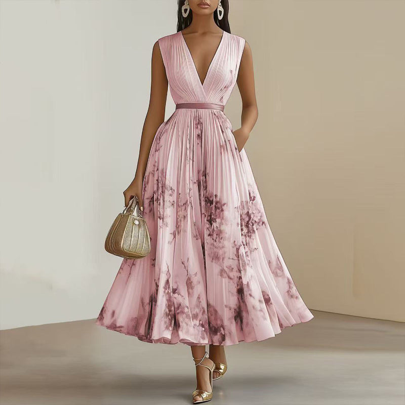 Robe Maxi Femme à Imprimé Floral et Décolleté en V Profond avec Poches - Robe d'Été Flottante