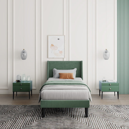 Lit Simple en Velours Vert Foncé 3FT avec Tête de Lit Ailé et Support en Lattes en Bois