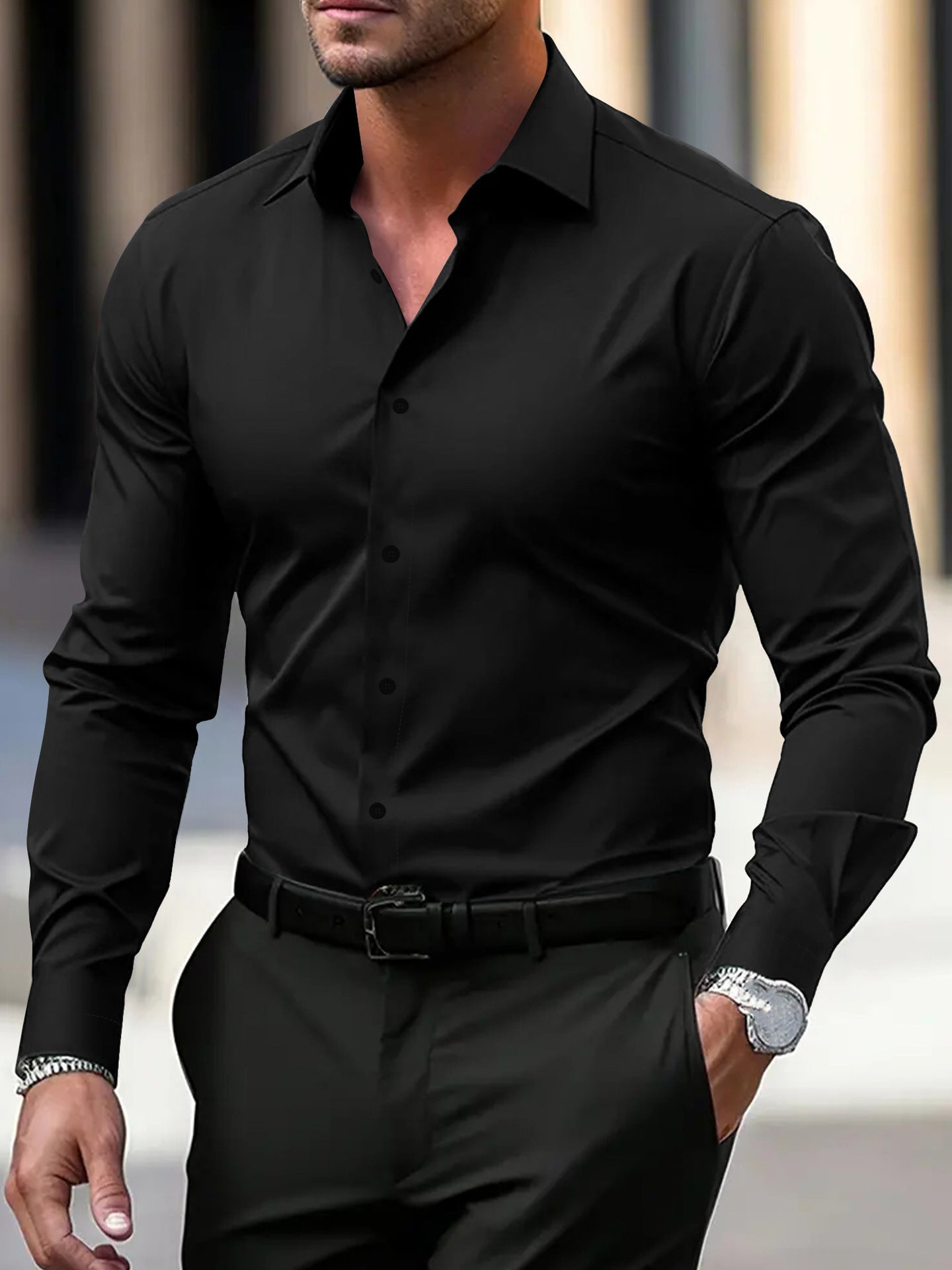 Chemise pour homme à boutons business - Chemise d'été unie à manches longues