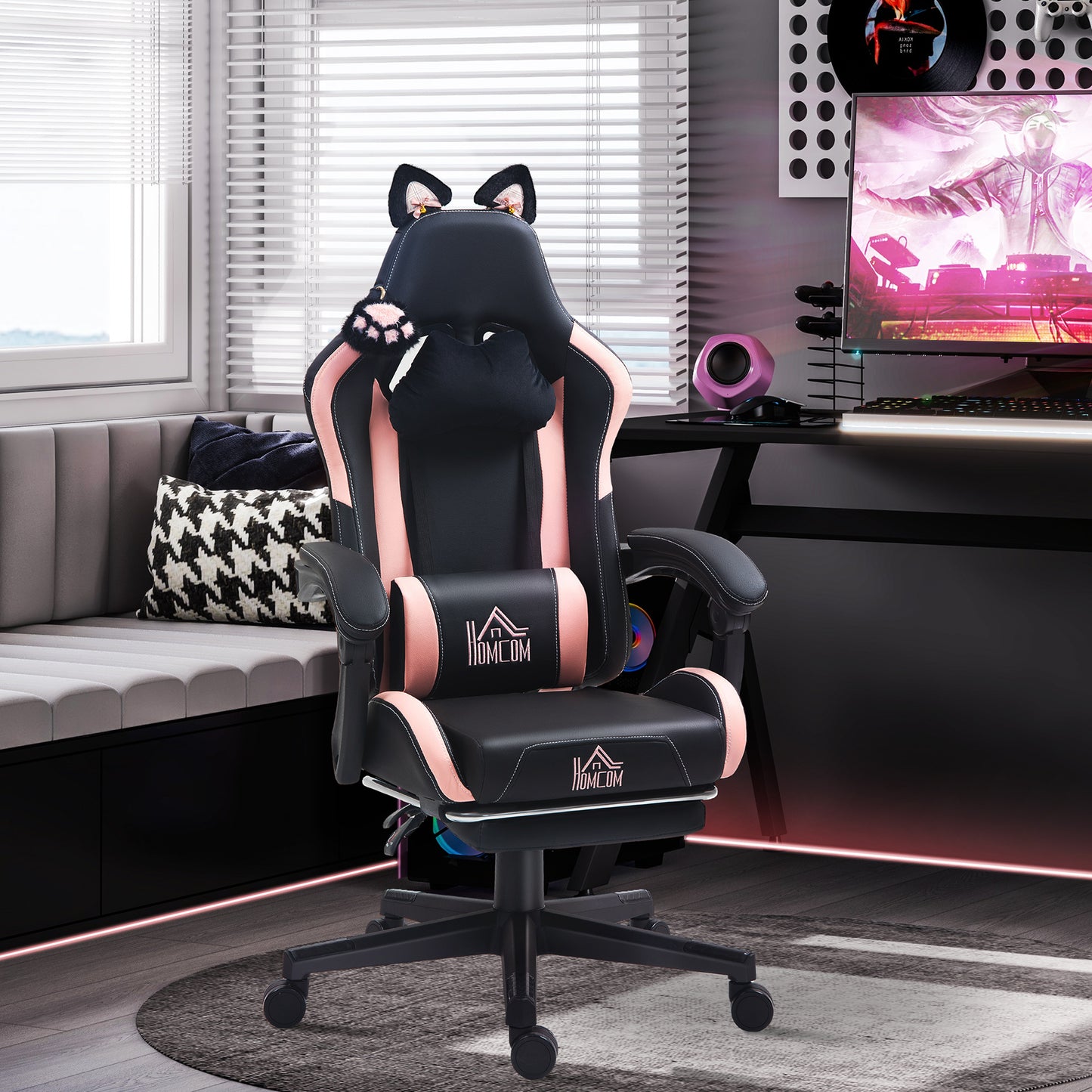 Chaise de Gaming Mignonne avec Oreilles de Chat, Fauteuil en Similicuir avec Repose-Pieds, Têtière et Support Lombaire, Noir