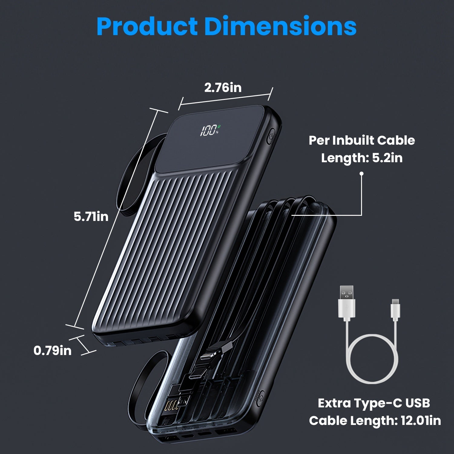 Chargeur Rapide 1Pc PD22W 20000mAh avec Câbles Intégrés