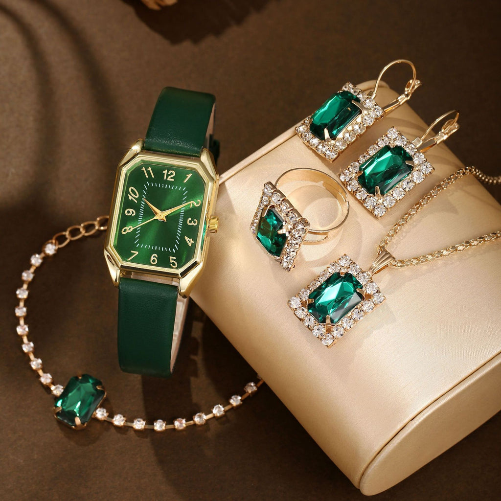 Montre Femme Cuir Carrée Quartz avec Ensemble de Collier, Boucles d'Oreilles et Bague