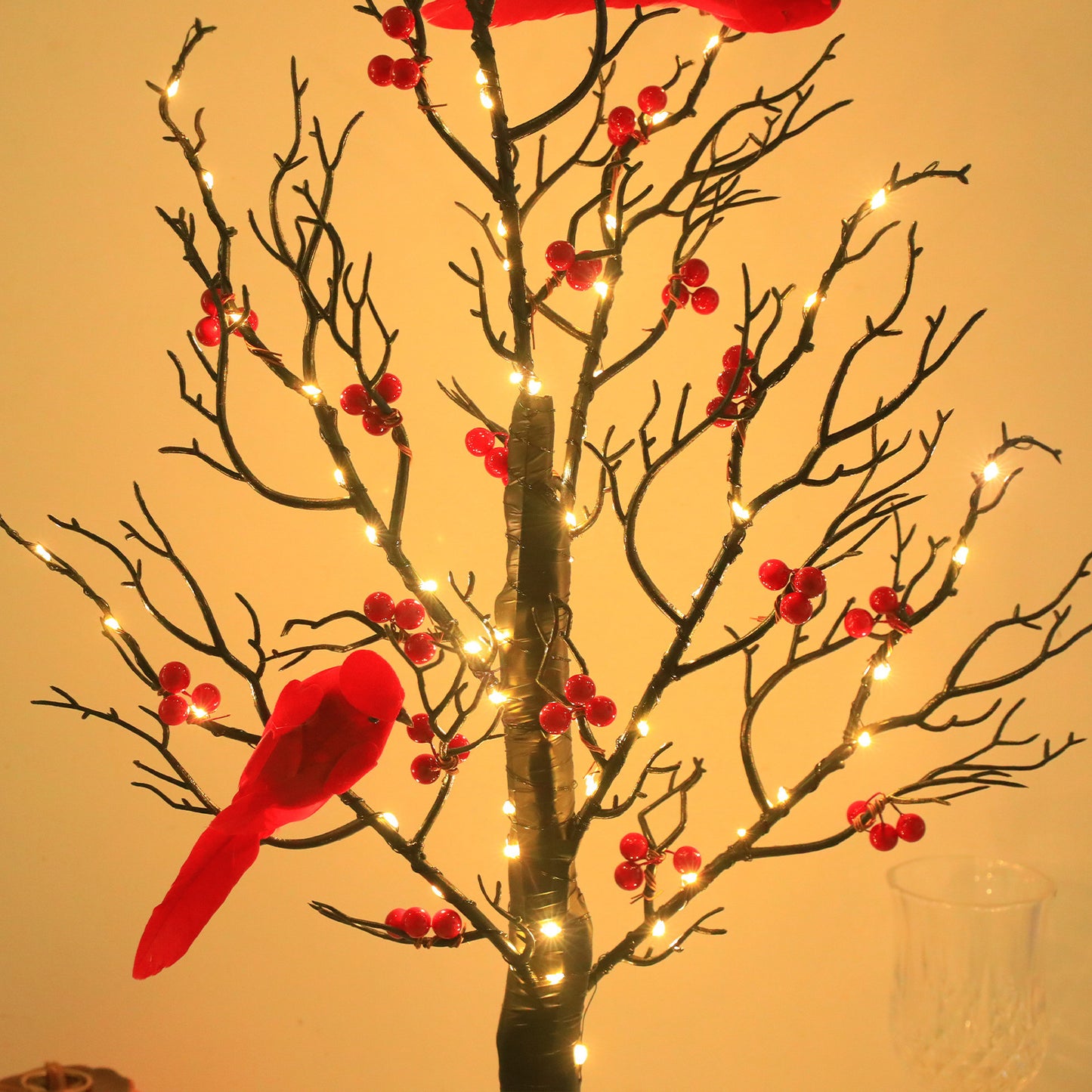 Lampe Décorative Arbre Enroulé Oiseau Rouge Lumineux pour Ambiance de Fête