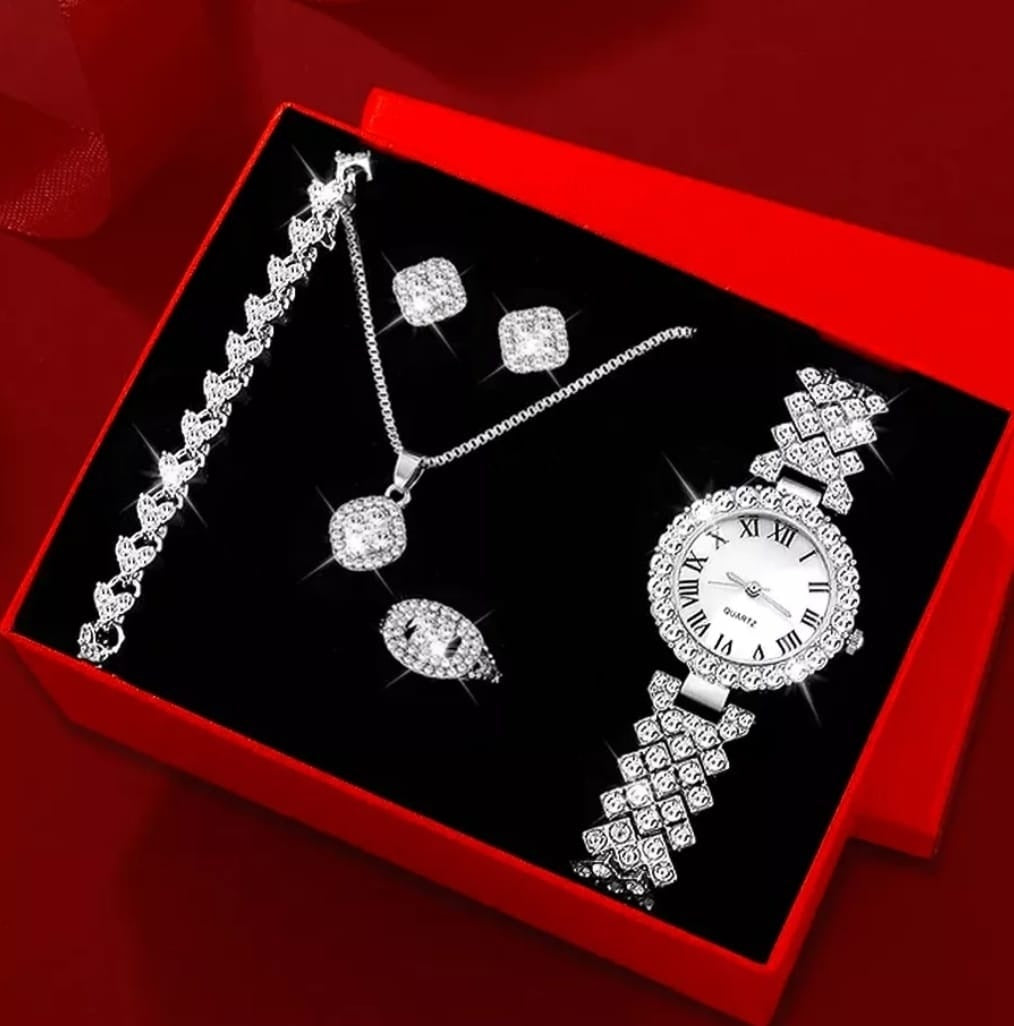 Montre de Mode avec Bijoux Complémentaires : Montre Quartz, Collier, Bracelet, Bague et Boucles d'Oreilles