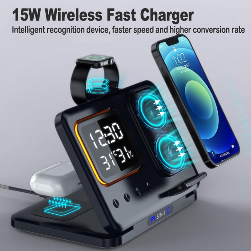 Station de Charge Sans Fil 15W avec Horloge Numérique LED et Support 5 en 1