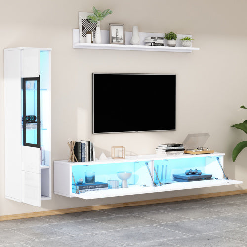 Ensemble de 3 unités murales TV, meuble TV LED, cabinet TV haut brillant, mobilier de salon blanc