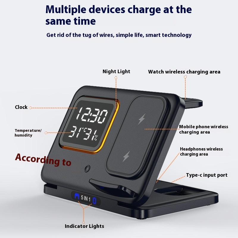 Station de Charge Sans Fil 15W avec Horloge Numérique LED et Support 5 en 1