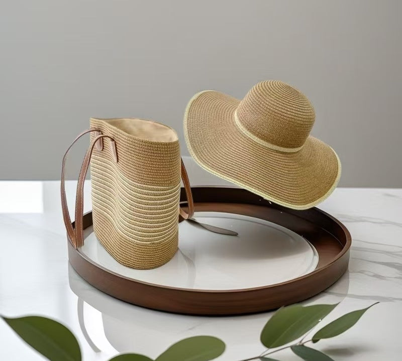 Ensemble de Sac et Chapeau en Paille pour Protection Solaire lors de Vacances à la Plage