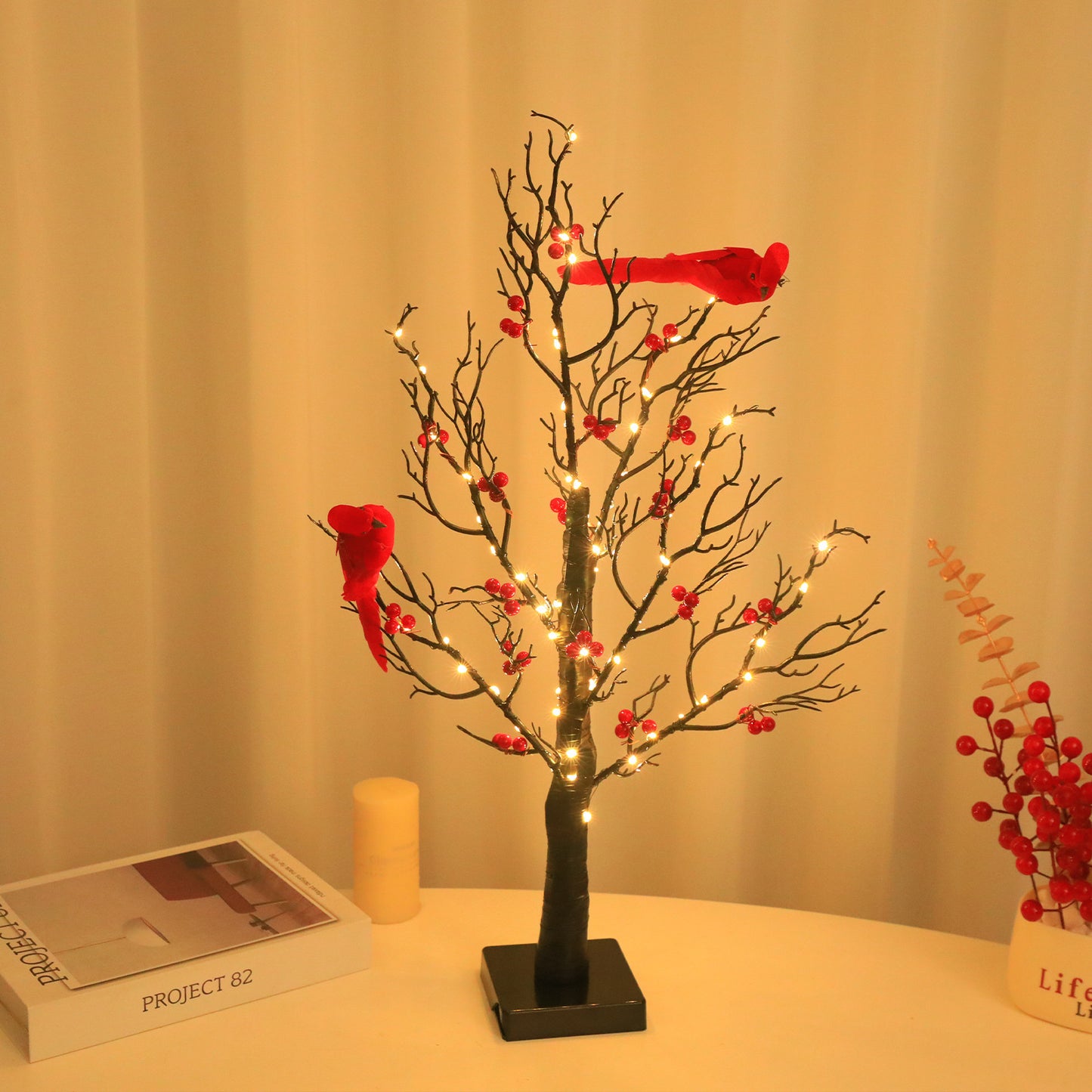 Lampe Décorative Arbre Enroulé Oiseau Rouge Lumineux pour Ambiance de Fête