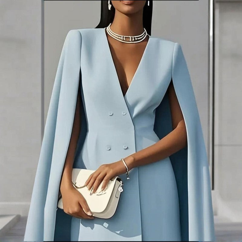Robe Blazer Cape Élégante Femme en Couleur Unie avec Col V Double Boutonnage pour Printemps & Été