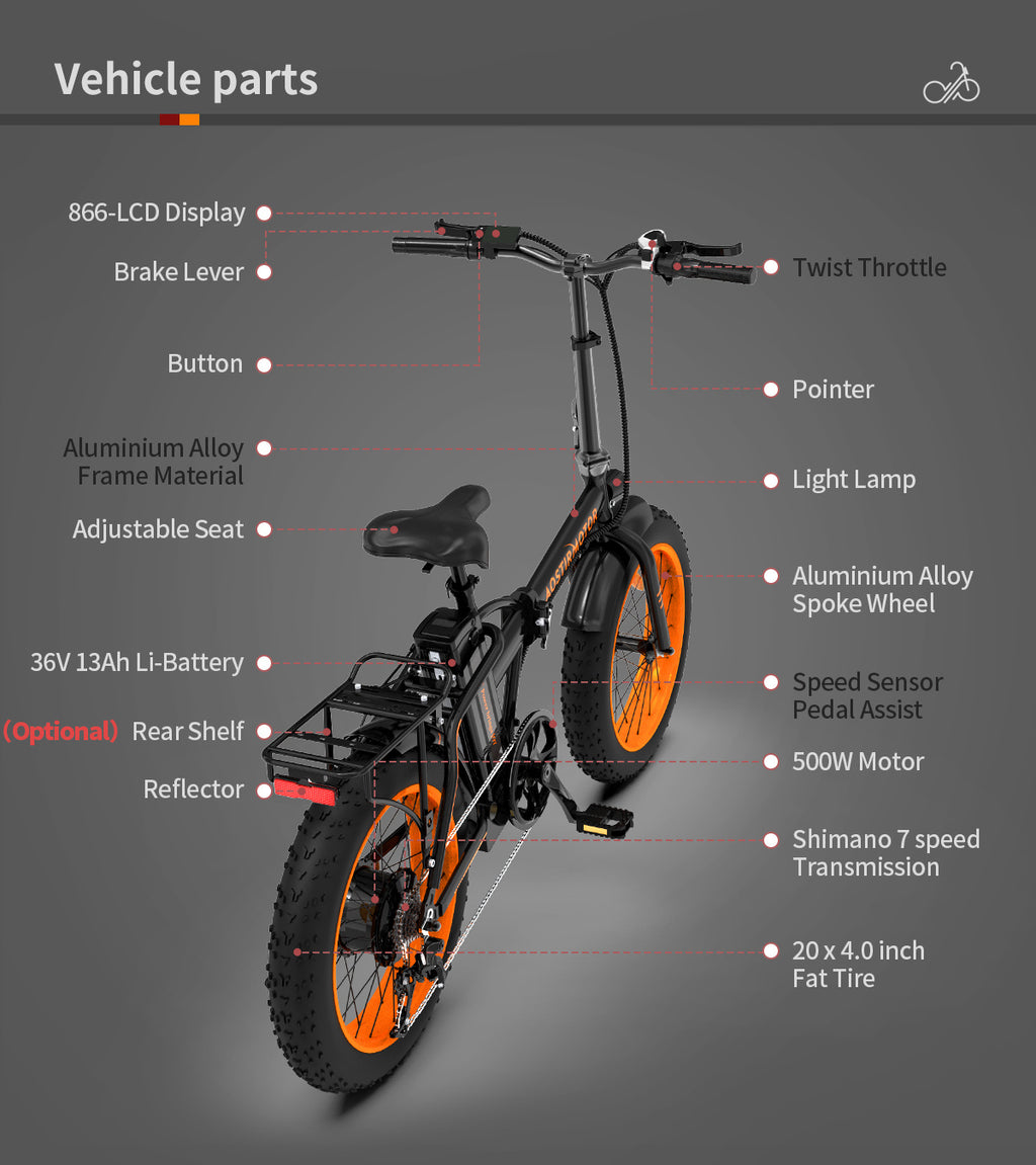 Vélo Électrique Pliant 36V 500W Fat Tire 20x4.0 Pouces, Batterie Lithium 13AH, Frein à Disque FR & Écran LCD 866