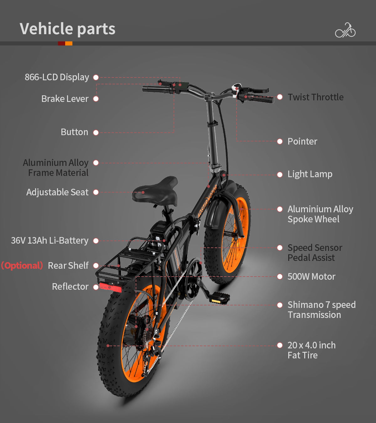 Vélo Électrique Pliant 36V 500W Fat Tire 20x4.0 Pouces, Batterie Lithium 13AH, Frein à Disque FR & Écran LCD 866