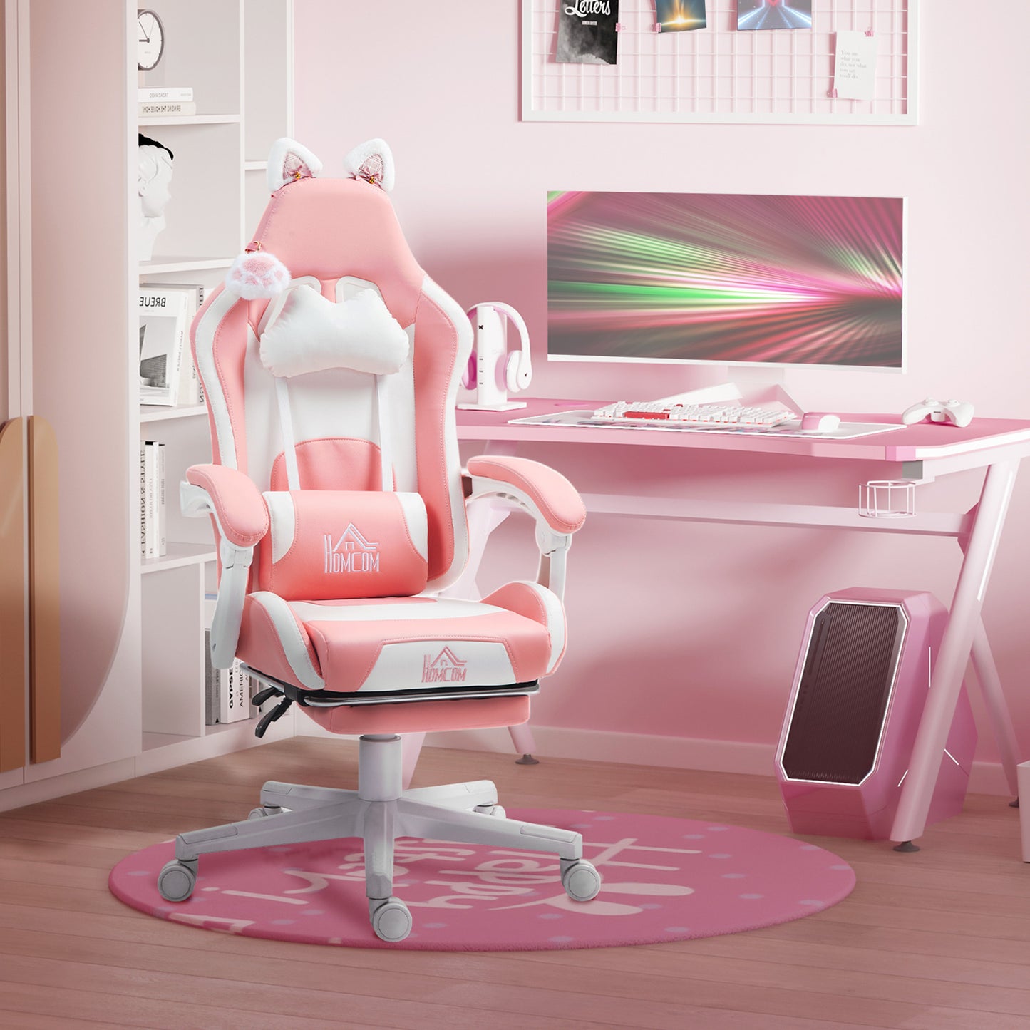 Chaise Gamer Mignonne, Fauteuil de Jeu en Similicuir avec Repose-Pieds, Têtière et Support Lombaire