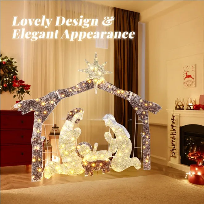 Décoration de Jardin Nativité Jésus avec Lumières LED 190 - 6 pieds en Toit Brun