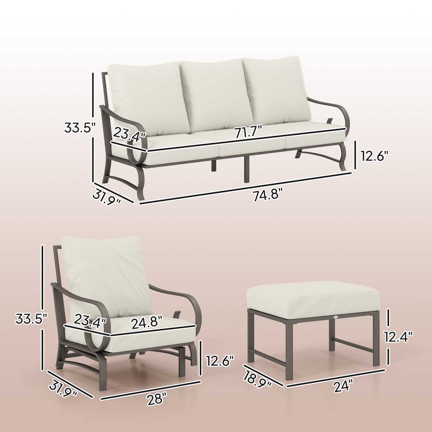 Ensemble de mobilier de patio de jardin 5 pièces, avec 2 chaises rockers, canapé 3 places et 2 repose-pieds, beige