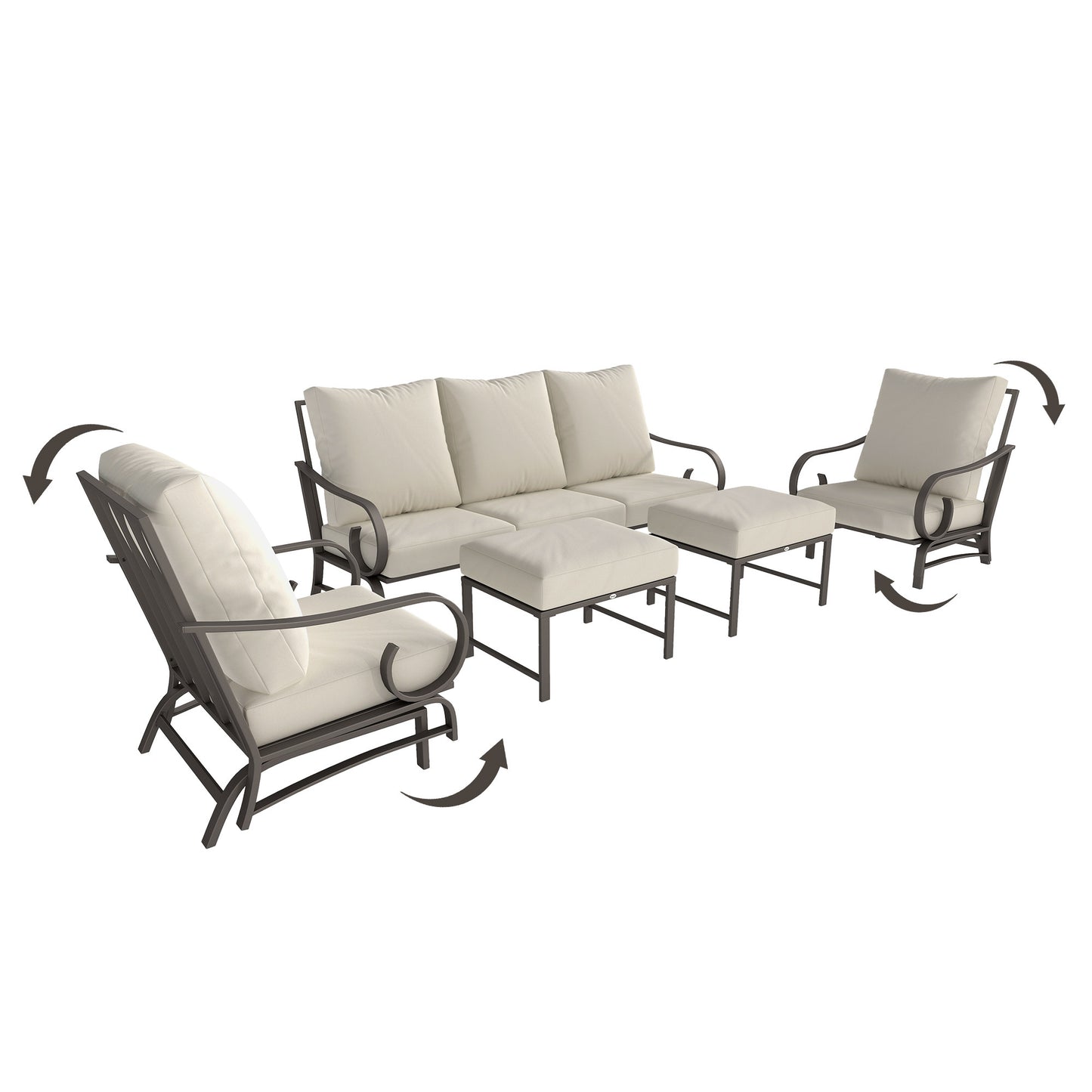 Ensemble de mobilier de patio de jardin 5 pièces, avec 2 chaises rockers, canapé 3 places et 2 repose-pieds, beige
