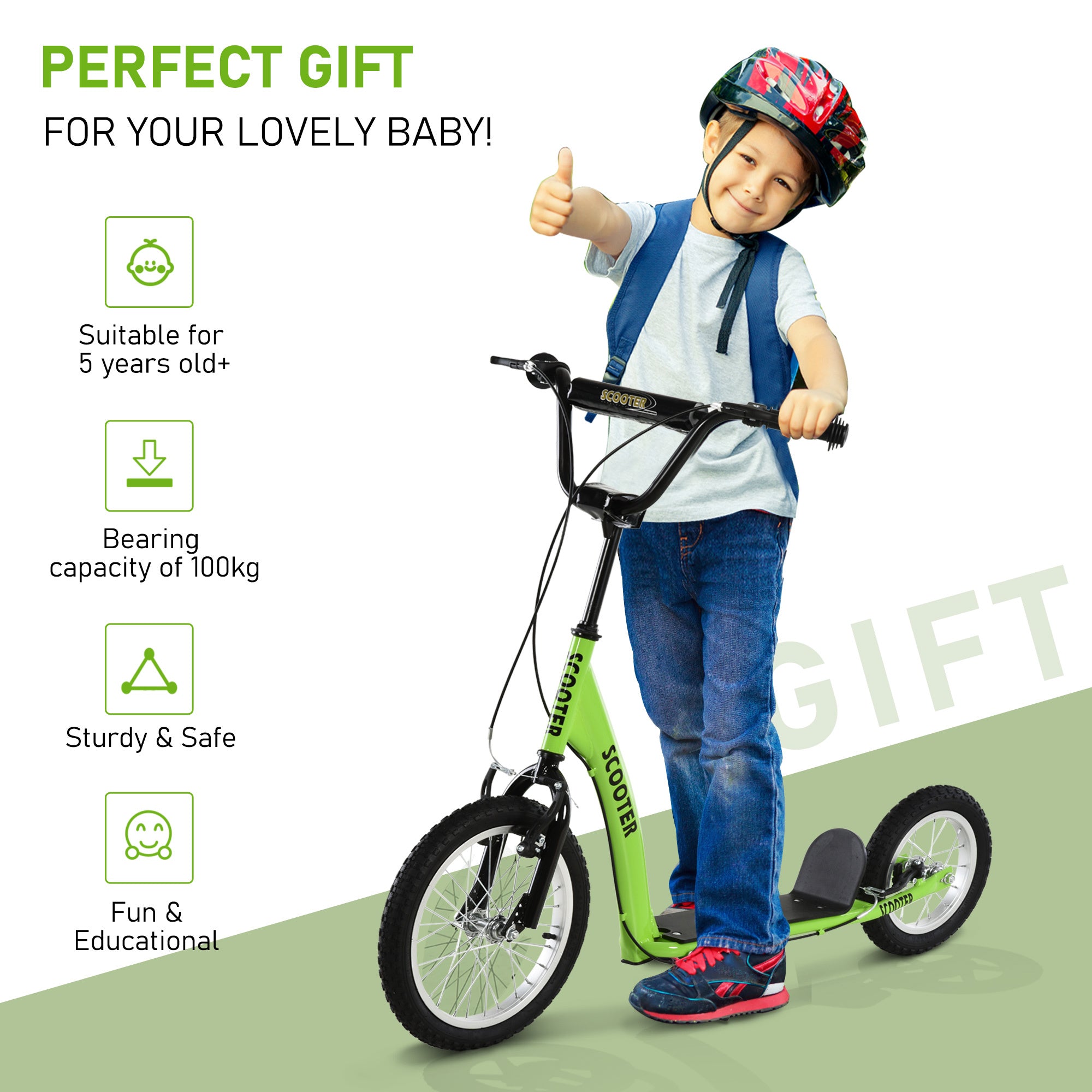 Trottinette pour Enfant Avec Guidon Réglable, Freins Doubles et Roues Gonflables - Vert