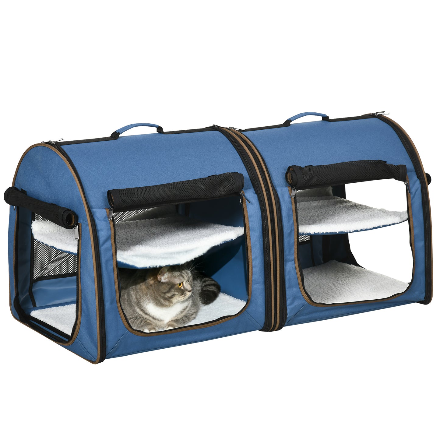 Cage à Chats Portable à Double Compartiment 39" - Kennel Souple avec Coussins Doux - Sac de Rangement Bleu