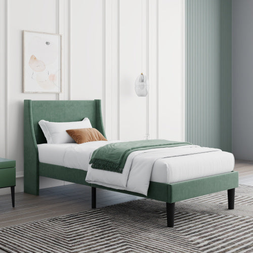 Lit Simple en Velours Vert Foncé 3FT avec Tête de Lit Ailé et Support en Lattes en Bois
