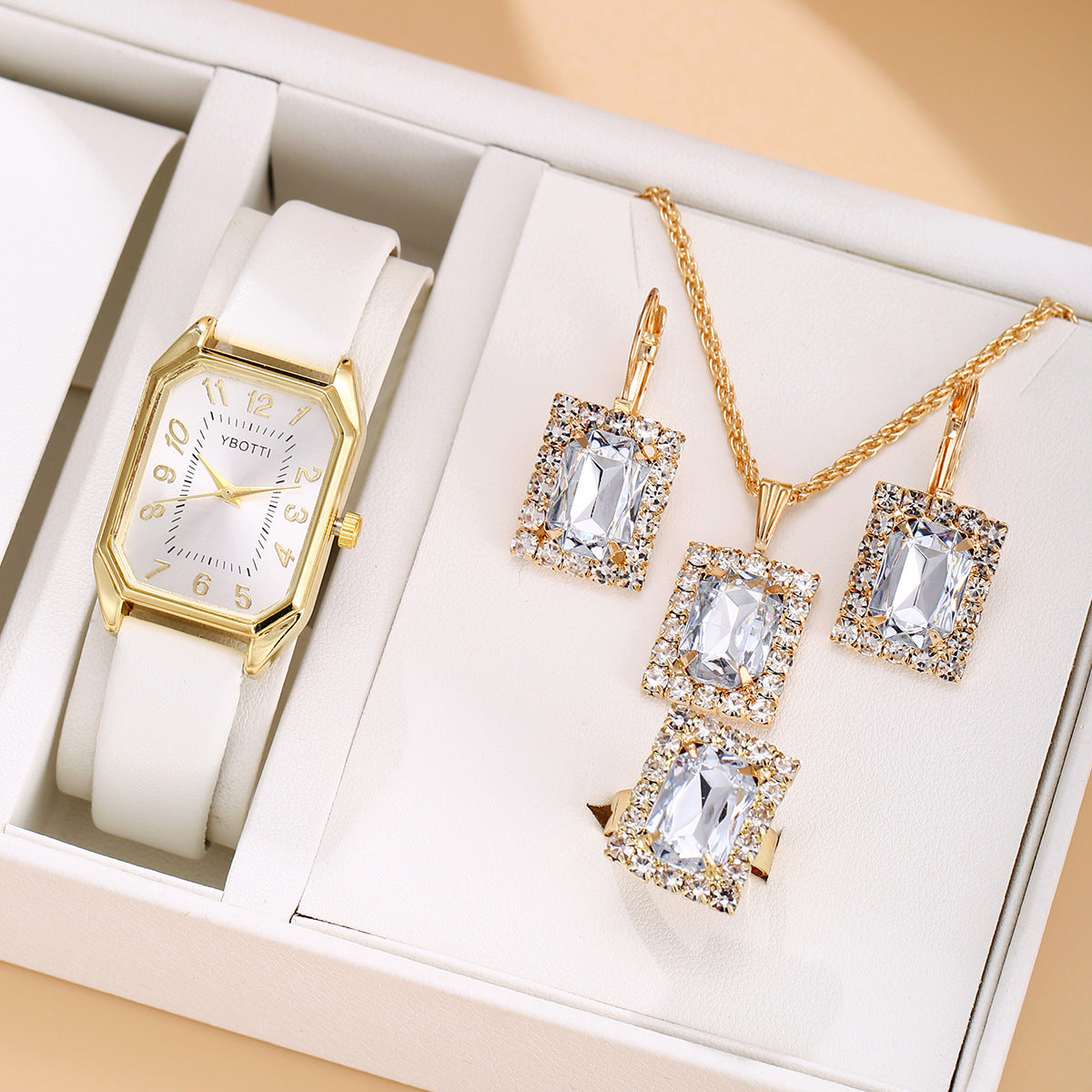 Montre Femme Cuir Carrée Quartz avec Ensemble de Collier, Boucles d'Oreilles et Bague