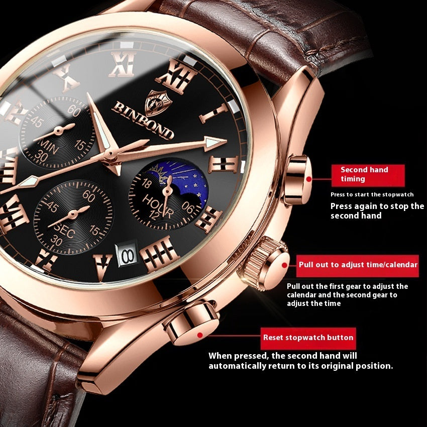 Montre Sportive Multifonctionnelle Étanche Luminante pour Hommes avec Trois Yeux et Six Aiguilles