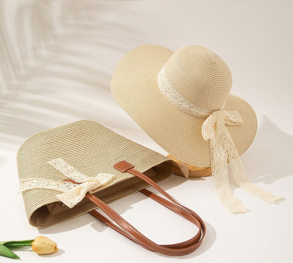 Ensemble de Sac et Chapeau en Paille pour Protection Solaire lors de Vacances à la Plage