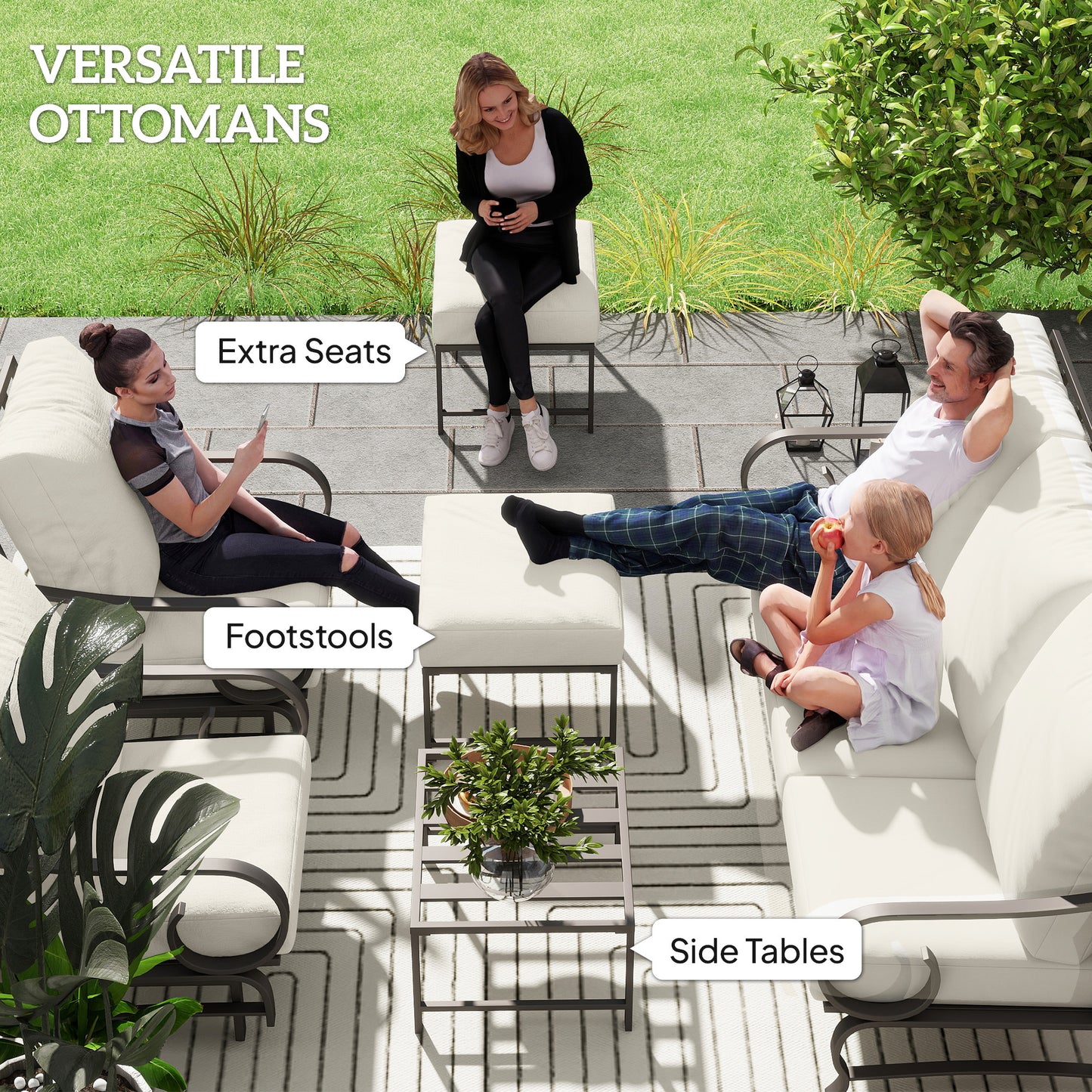 Ensemble de mobilier de patio de jardin 5 pièces, avec 2 chaises rockers, canapé 3 places et 2 repose-pieds, beige