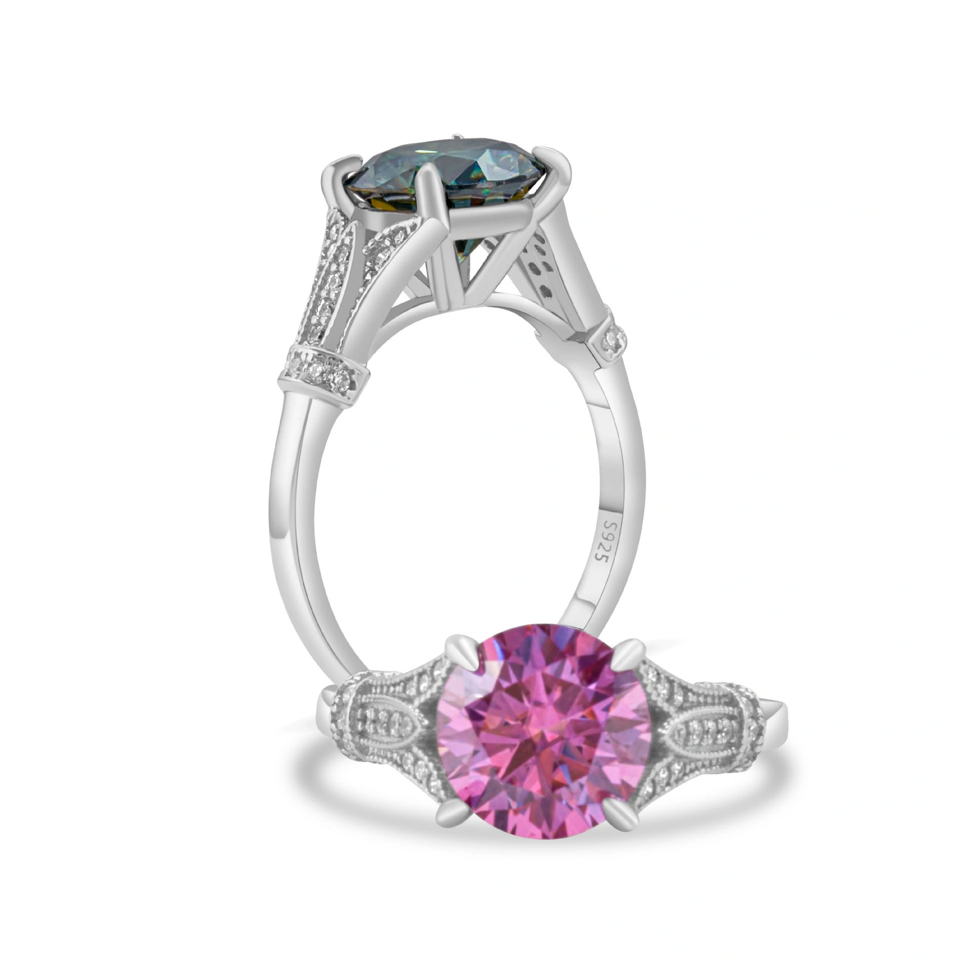 Bague en Moissanite avec Rangée de Diamants en Argent Sterling pour Femmes