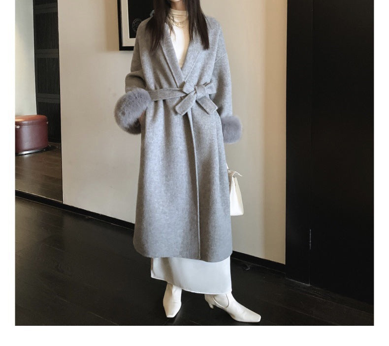 Manteau Élégant en Cachemire à Fourrure Rétro Détachable