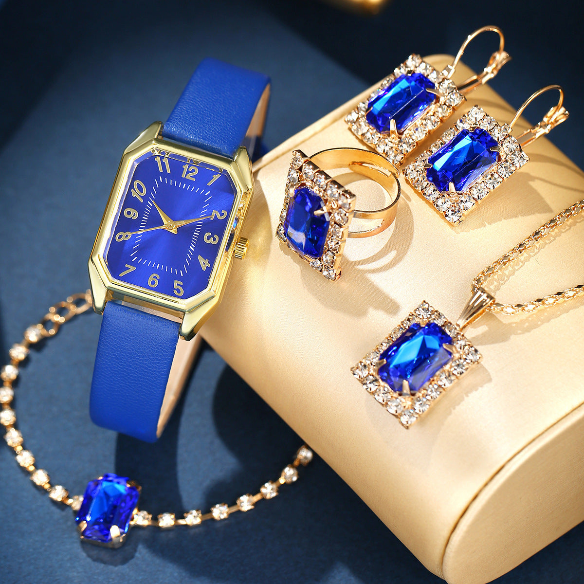 Montre Femme Cuir Carrée Quartz avec Ensemble de Collier, Boucles d'Oreilles et Bague