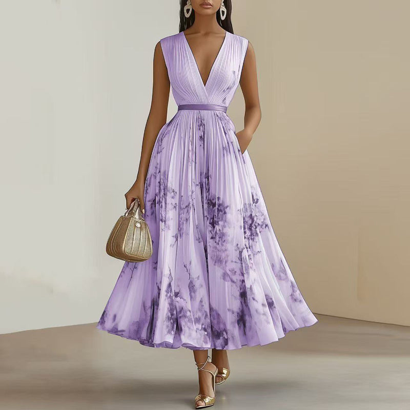 Robe Maxi Femme à Imprimé Floral et Décolleté en V Profond avec Poches - Robe d'Été Flottante