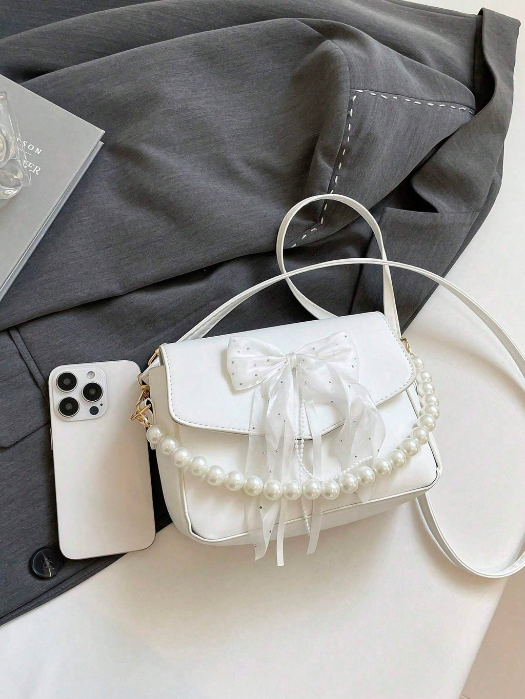 Sac à main en dentelle avec nœud en perles - Sac à bandoulière pour femmes